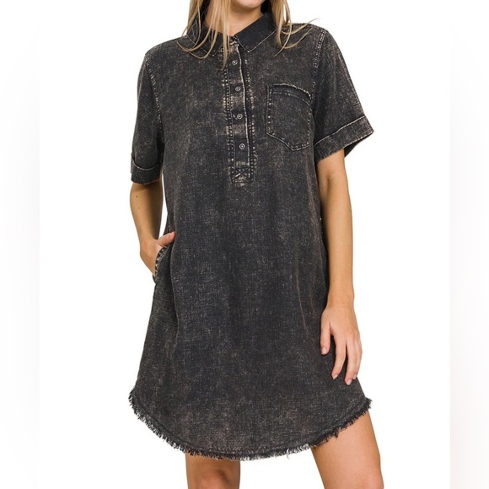 Ash Black Washed Raw Edge Button Front Shirt Dress NEW!